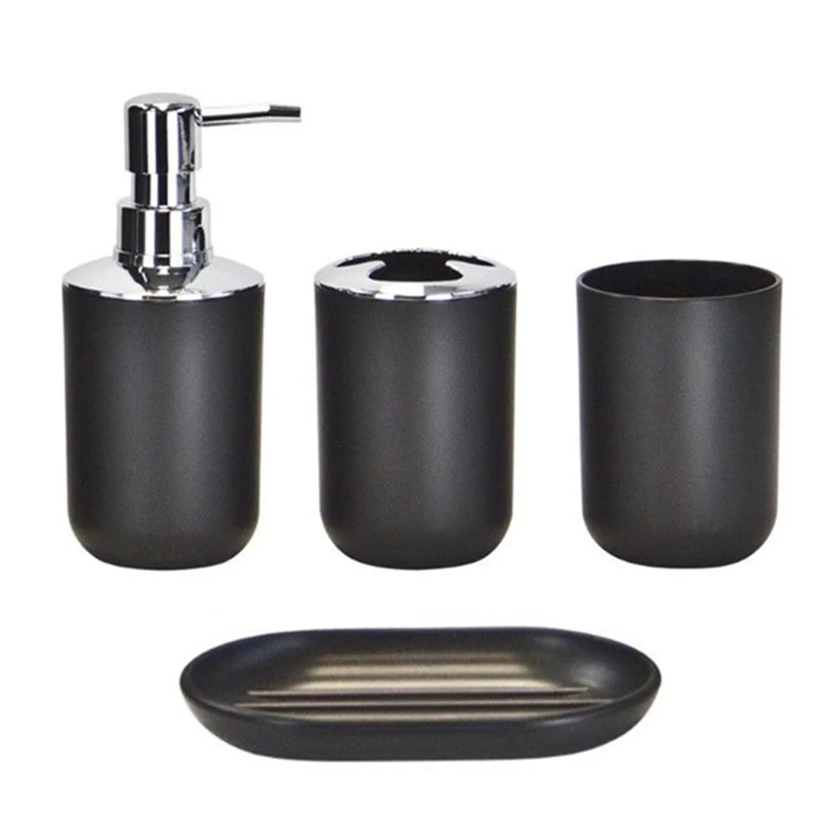 Black four-piece bathroom set with toothbrush holder cup soap dish and pump bottle