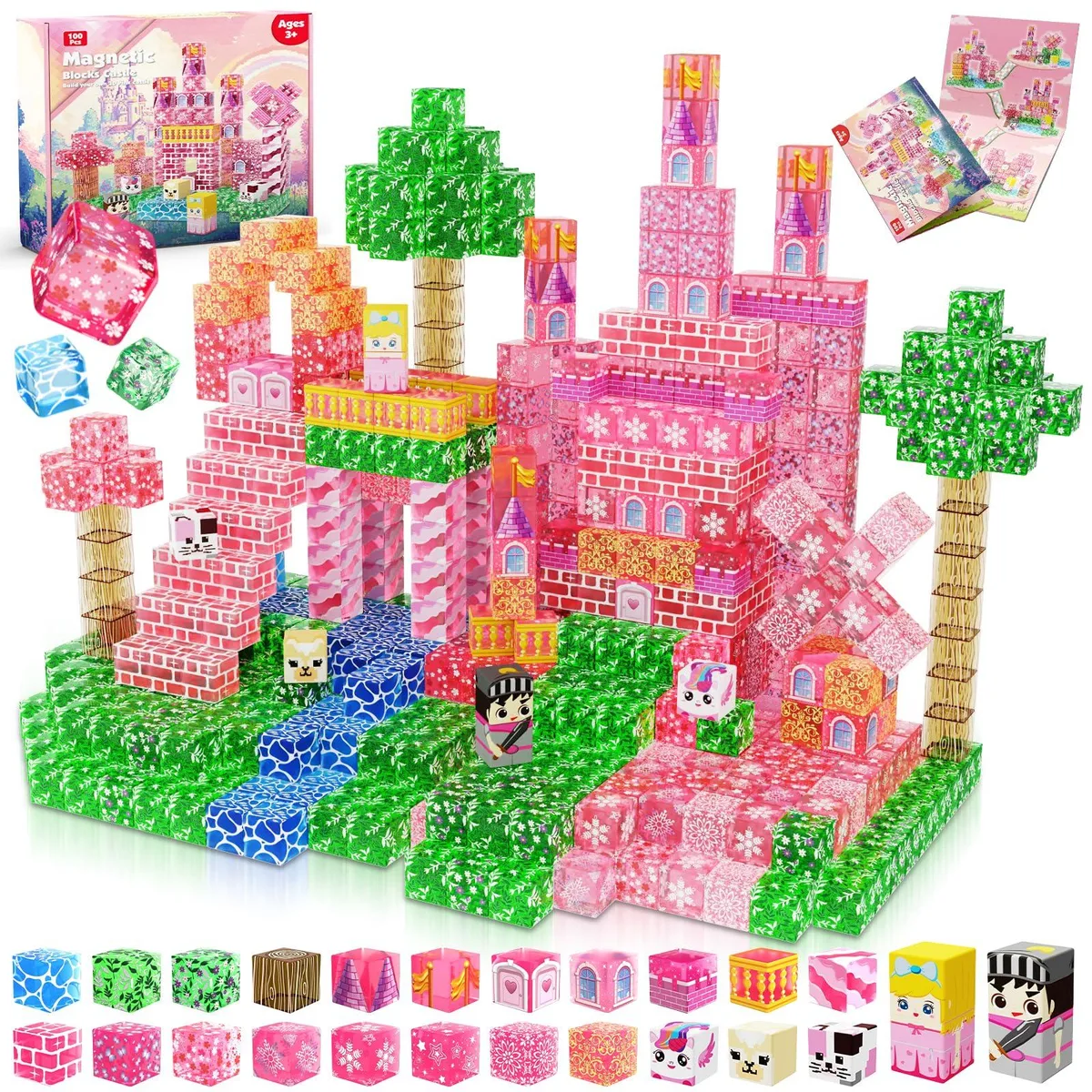 Transparent magnetic building cubes in a 100-piece princess castle set