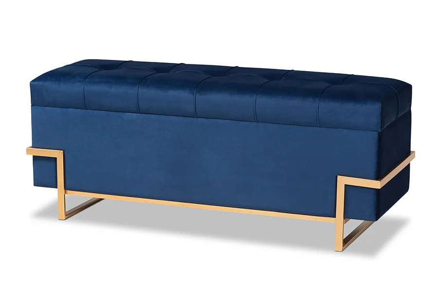 Baxton Studio Baxton Studio Parker Glam Luxe Navy Blue Velvet Gold Metal Storage Ottoman — product photo