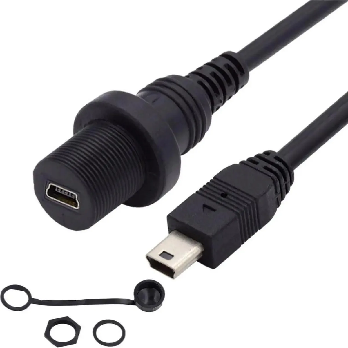 Mini USB 5-pin flush-mount extension cable, male to female, sealed waterproof connectors, black finish