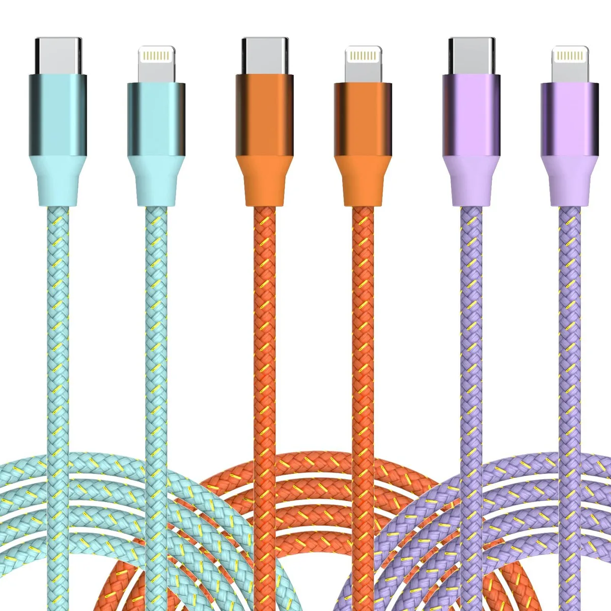  Aukelan USB-C to Lightning Cable 6ft 3-pack Purple Blue Orange MFi Certified — product photo