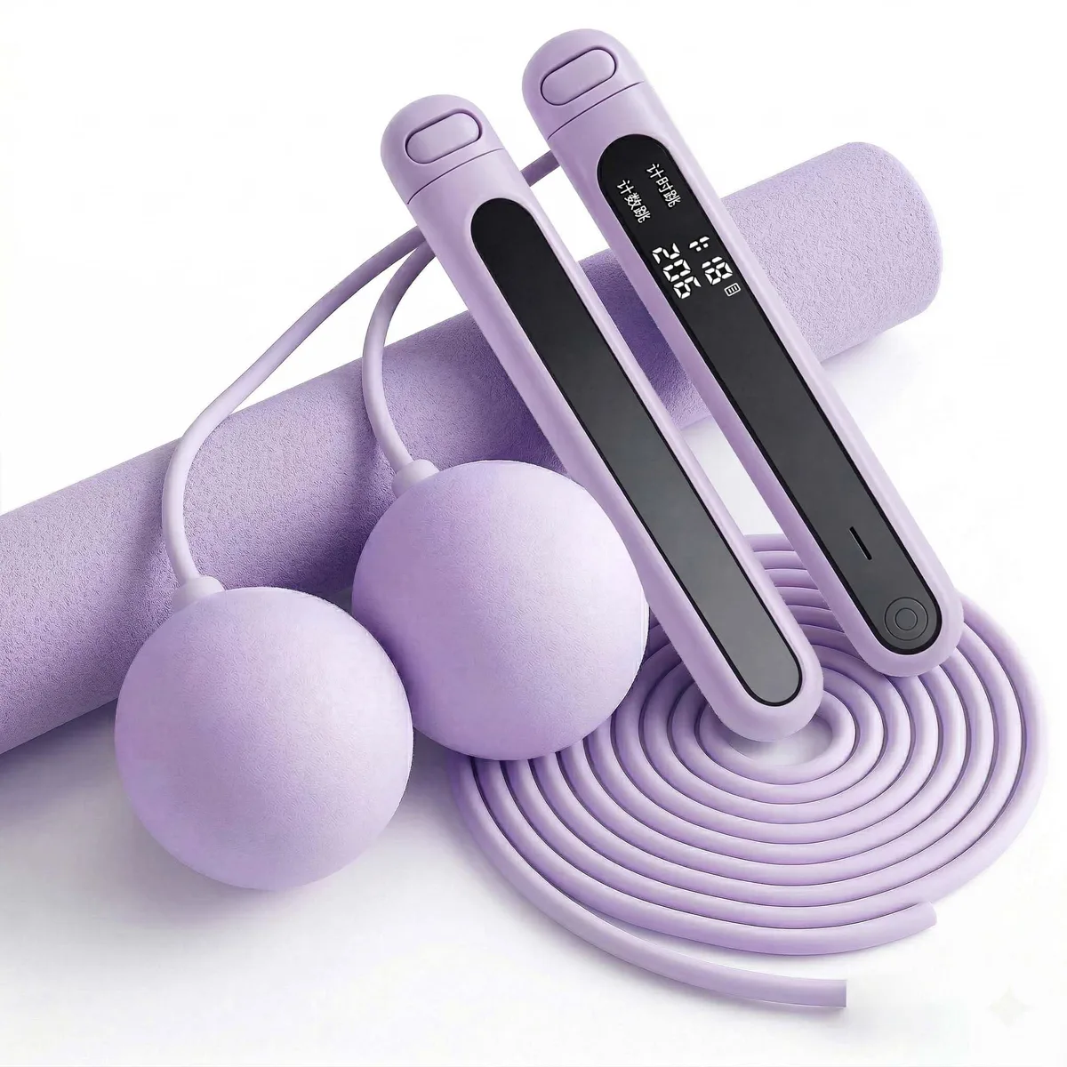 Purple cordless jump rope with HD display handles, 110 cm adjustable length