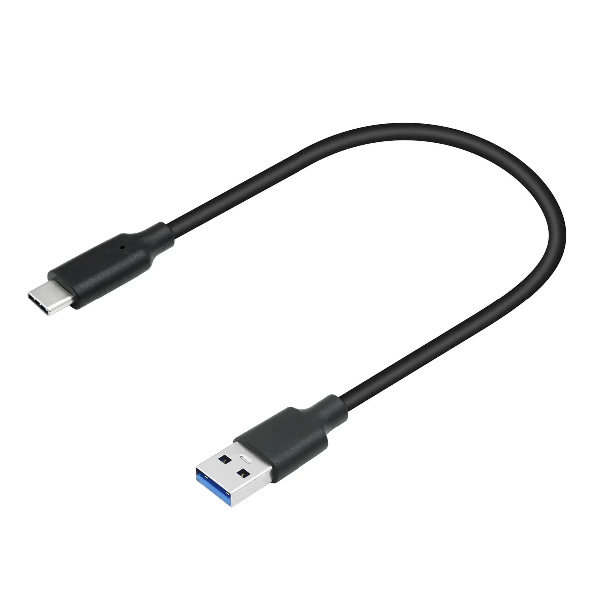 Short black PVC cable with USB-A and USB-C male plugs, integrated strain relief arc design