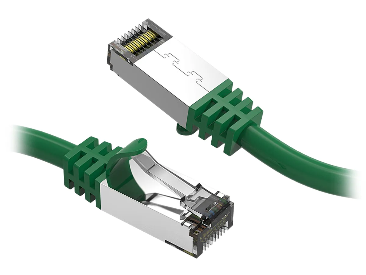 Green Cat8 Ethernet patch cable with RJ45 connectors, 3 ft long, shielded S/FTP construction
