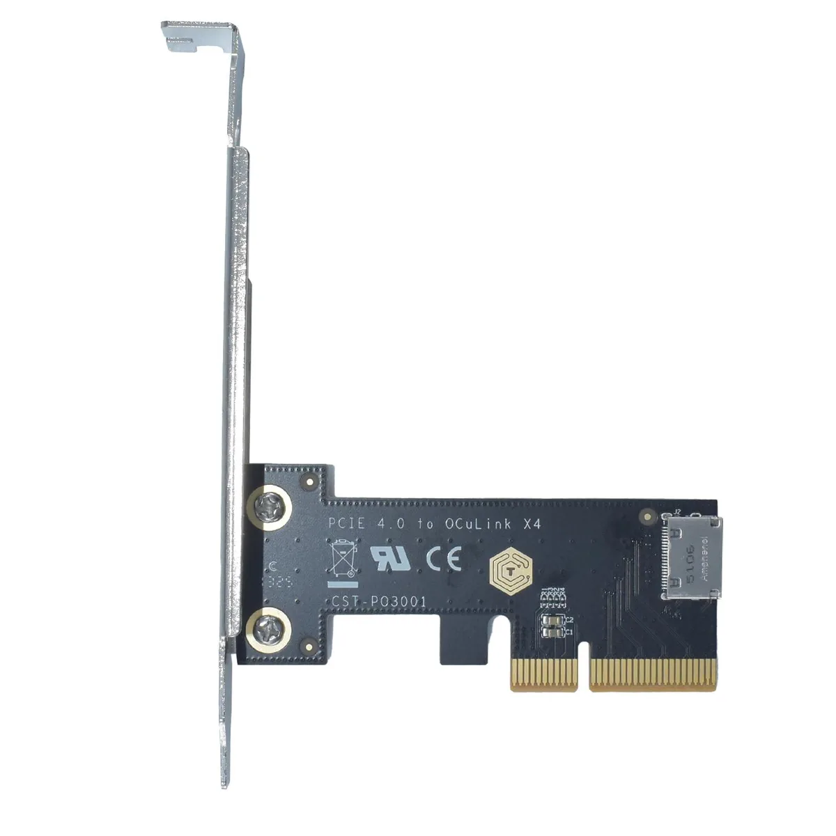 Green PCB adapter card with silver Oculink SFF-8612 port and gold PCIe x4 edge connector