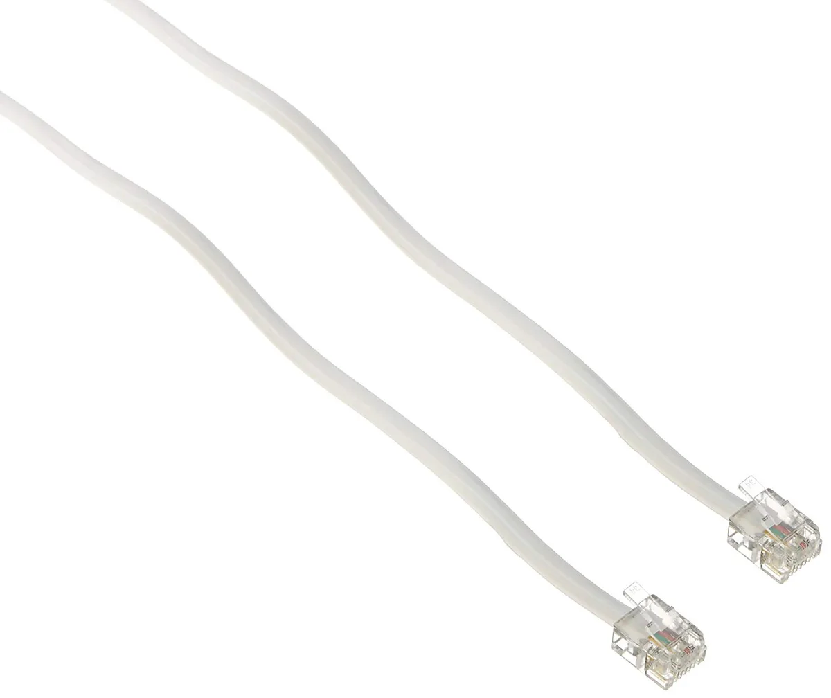White telephone extension cord coiled in original packaging, 50 ft length