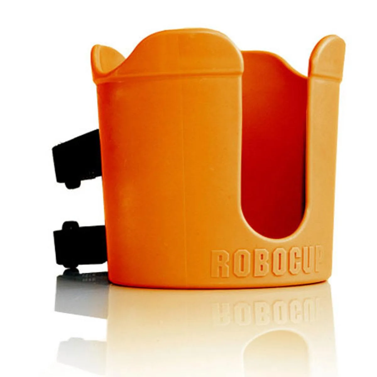 Orange cup holder with swivel mount and wavy rim, attaches to carts with straps