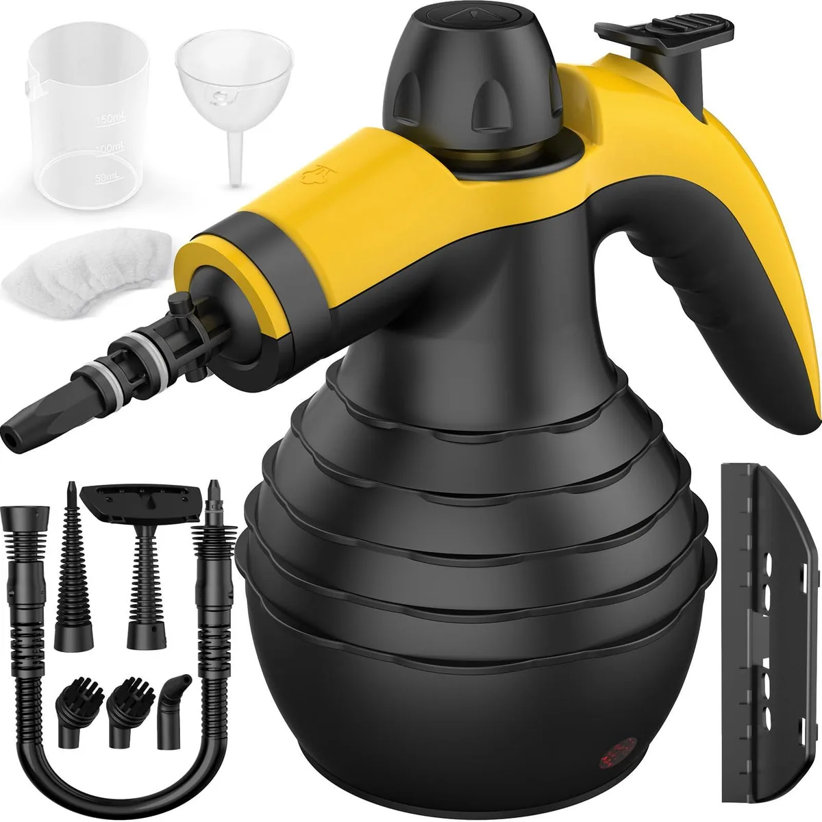 White handheld steam cleaner with black accents and accessory nozzles