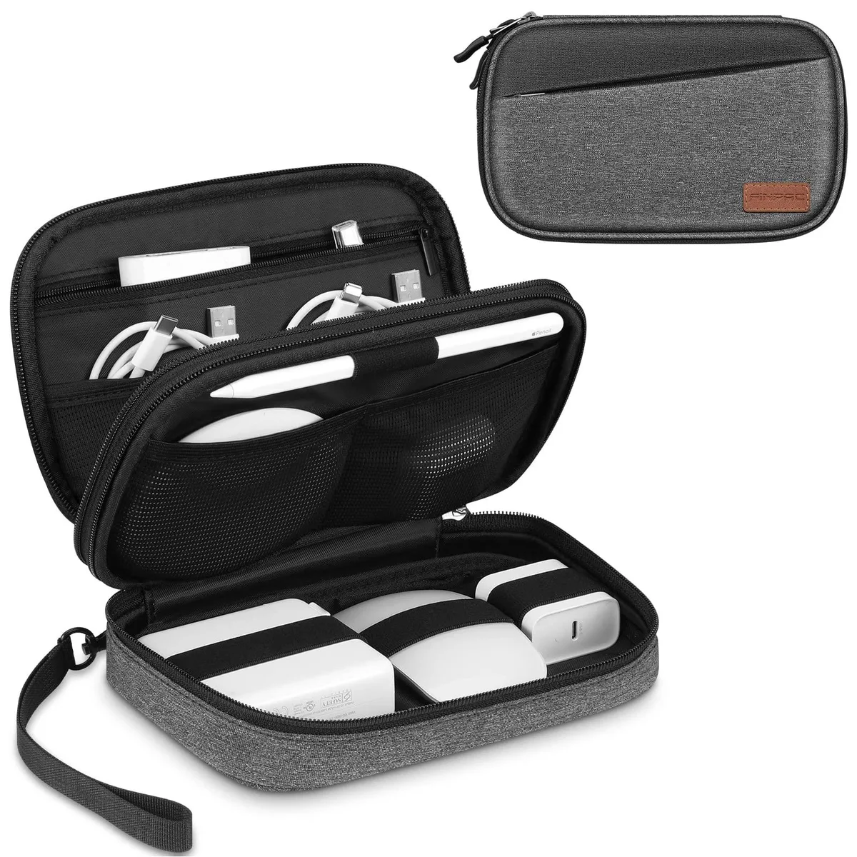 Gray Hearts polyester electronic organizer case with zipper and detachable handle