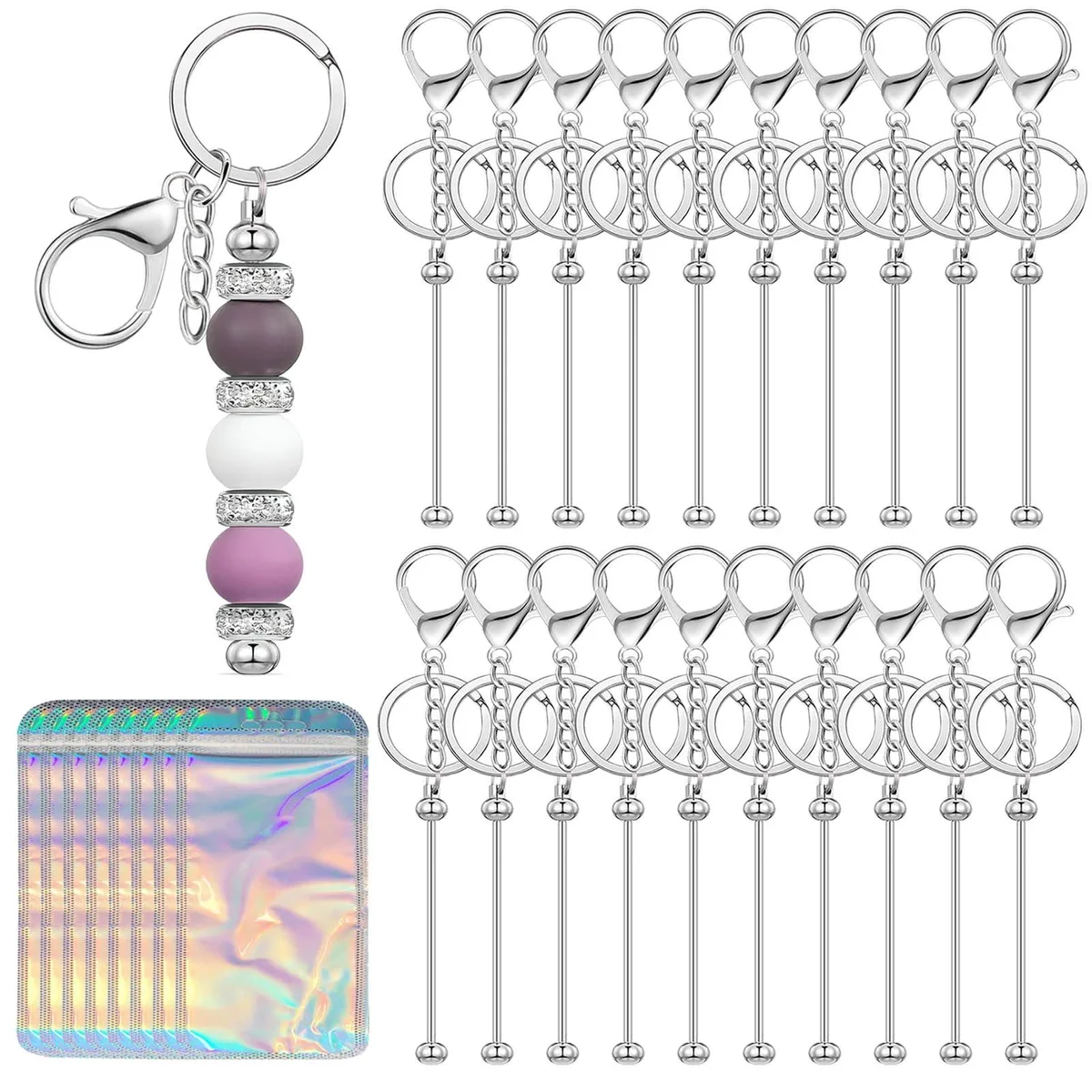 Sixty silver beadable keychain bars with rhodium plating, each three by one by fifteen centimetres