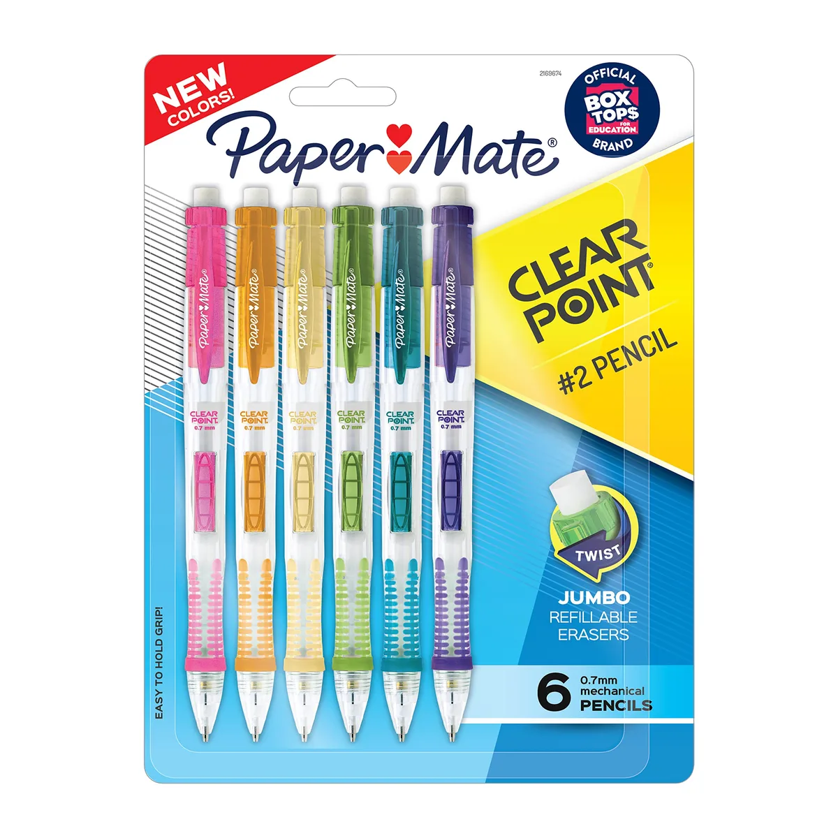 Six clear mechanical pencils with coloured barrels and soft grips