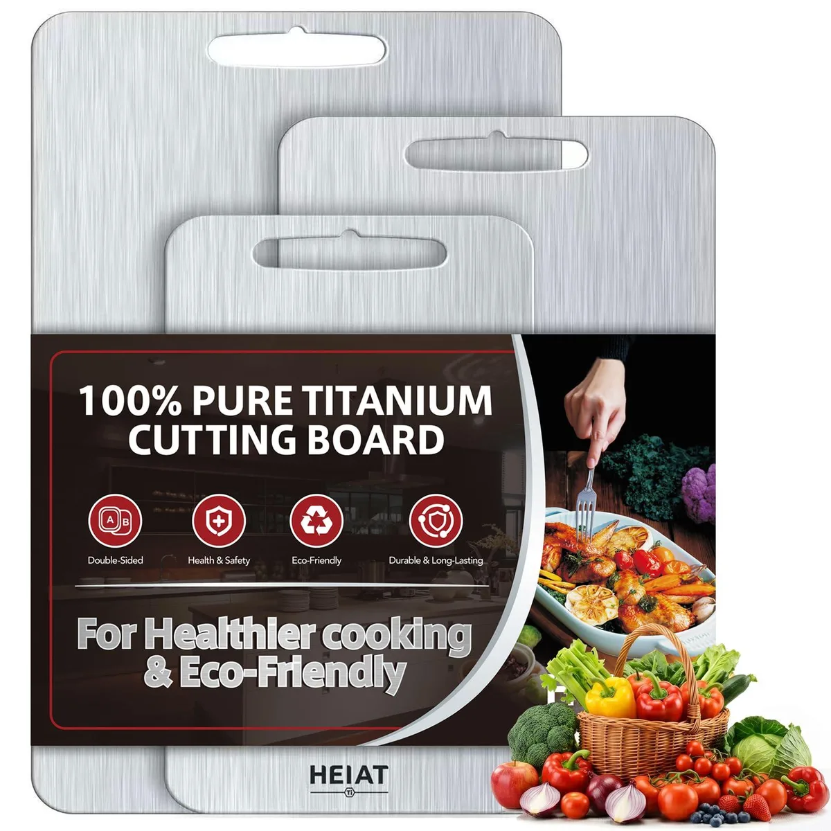 Three rectangular titanium boards with handles, sizes 16, 13 and 10 inches, brushed metal finish