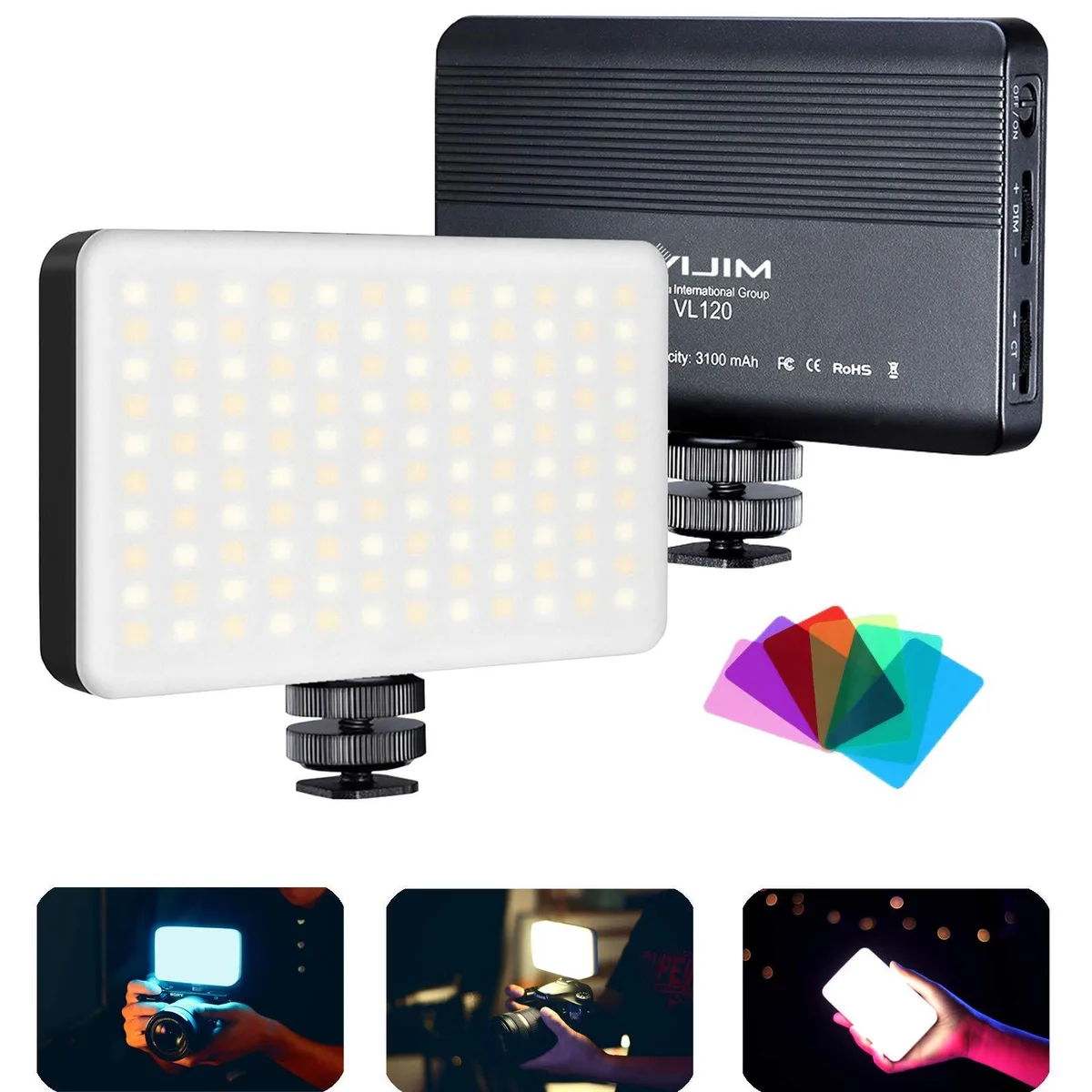 VIJIM VL120 LED Video Light Bi-Color 3200-6500K 120 LED 3100mAh 6 Filters — product photo