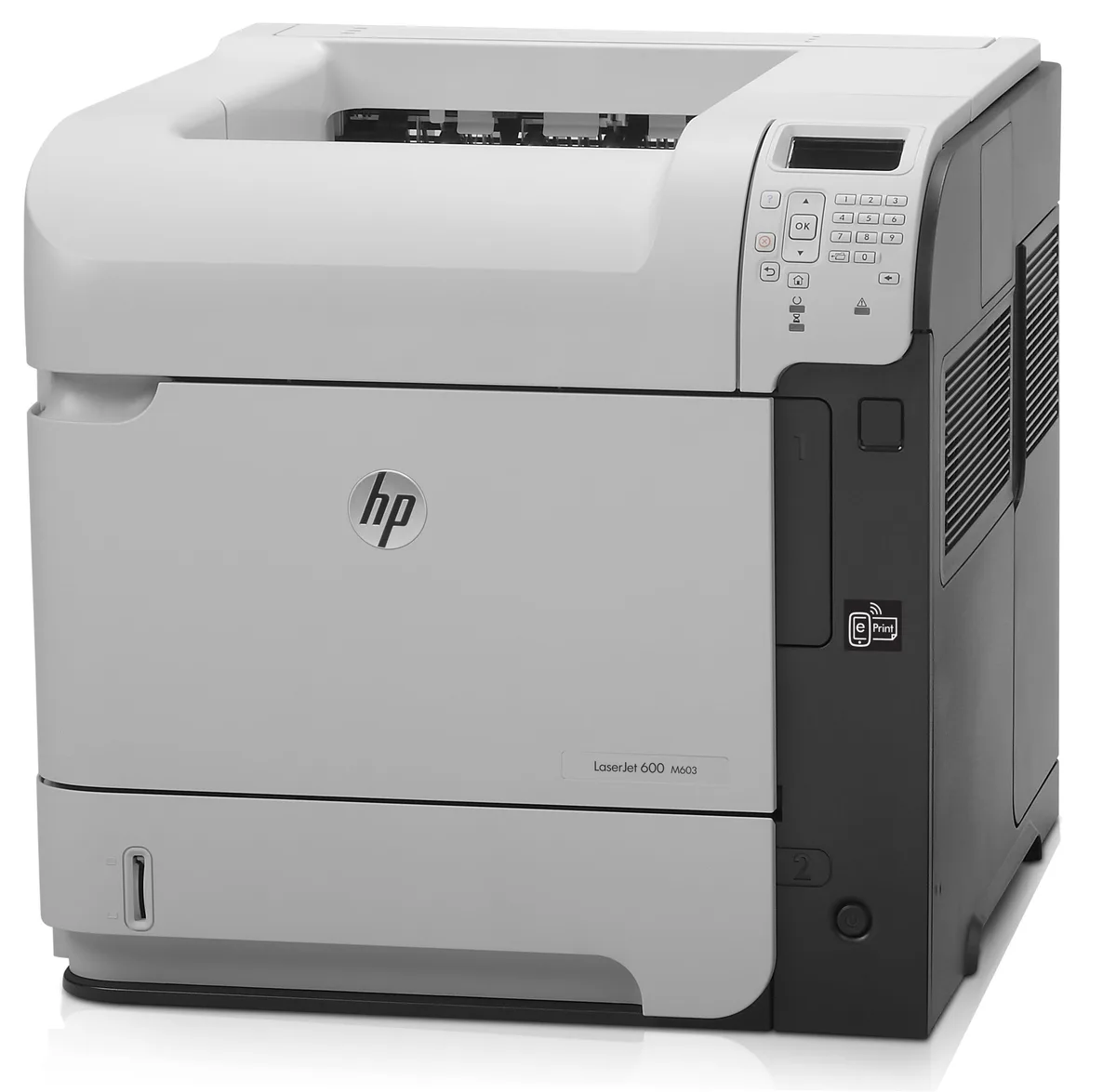 Large rectangular office laser printer in matte grey and black with front paper trays and control panel