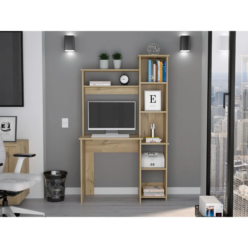 Light oak desk with hutch and side bookcase, beige finish