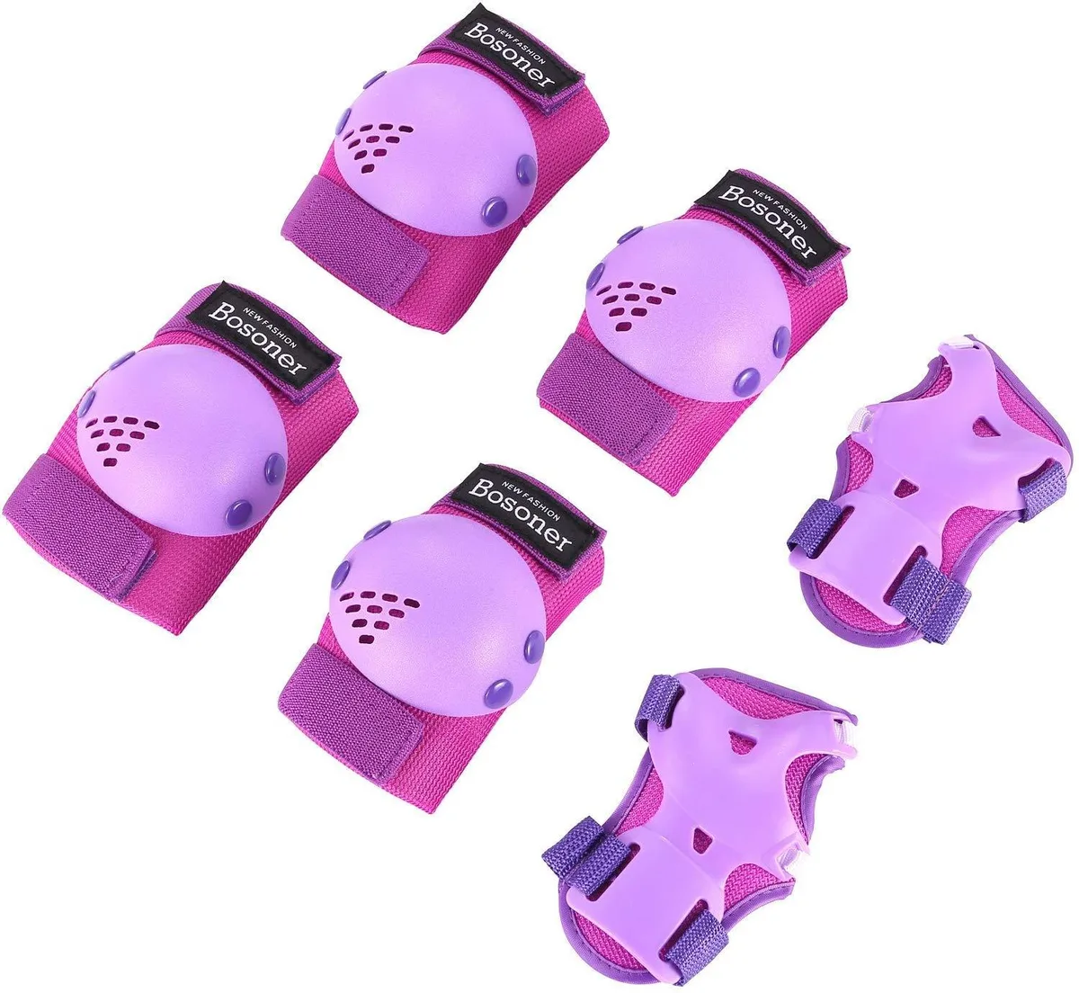 Purple protective gear set with knee, elbow and wrist pads in canvas bag