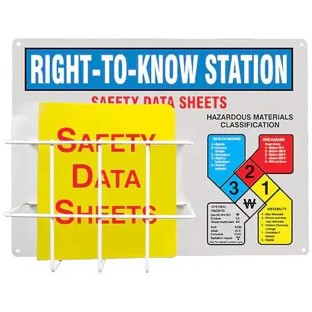 Wall-mounted yellow Right-To-Know station with steel binder holder and wire basket