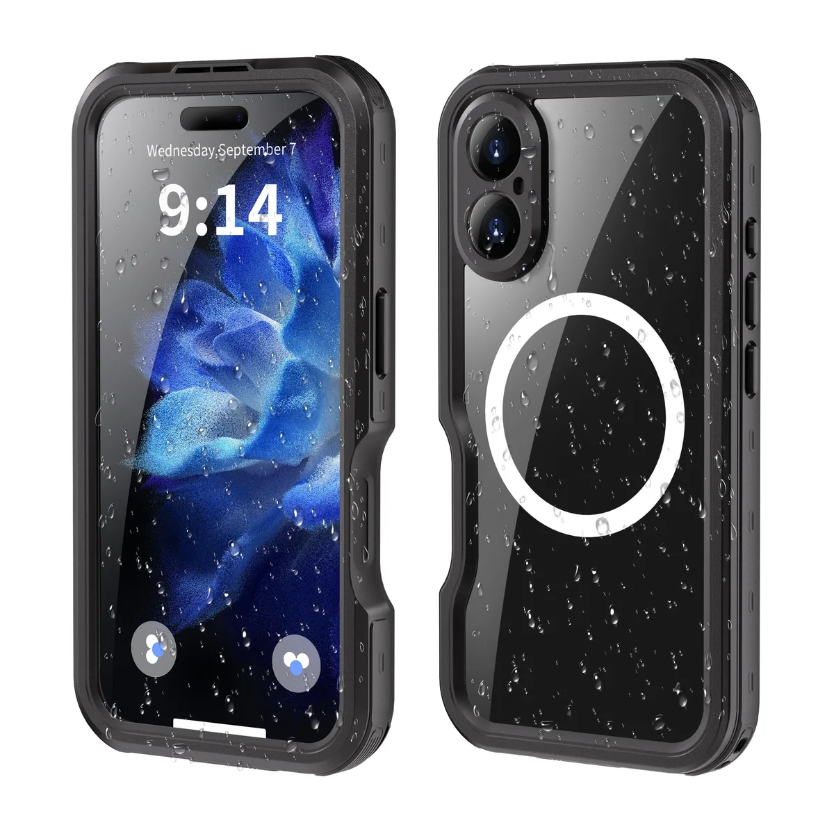 Black magnetic waterproof case for iPhone 16 with built-in screen protector