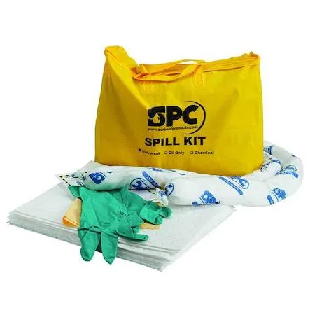 Yellow spill kit bag with absorbent pads socks gloves and disposal bag