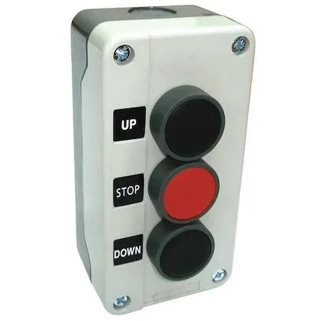 Rectangular thermoplastic wall-mounted control station with three 22mm momentary push buttons in black red black labeled Up Stop Down