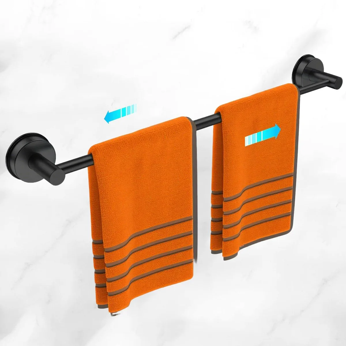 Black stainless steel adjustable towel bar, extends 17 to 29 inches, wall mounted with suction cups