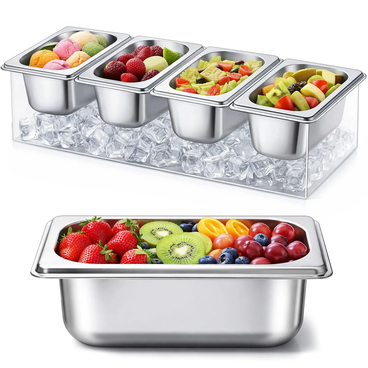 DNBeffulgent DNBeffulgent GOO-FoldTier-4520 Ice Chilled Condiment Caddy 4 x 20 Oz 16.5 Inch Stainless Steel — product photo