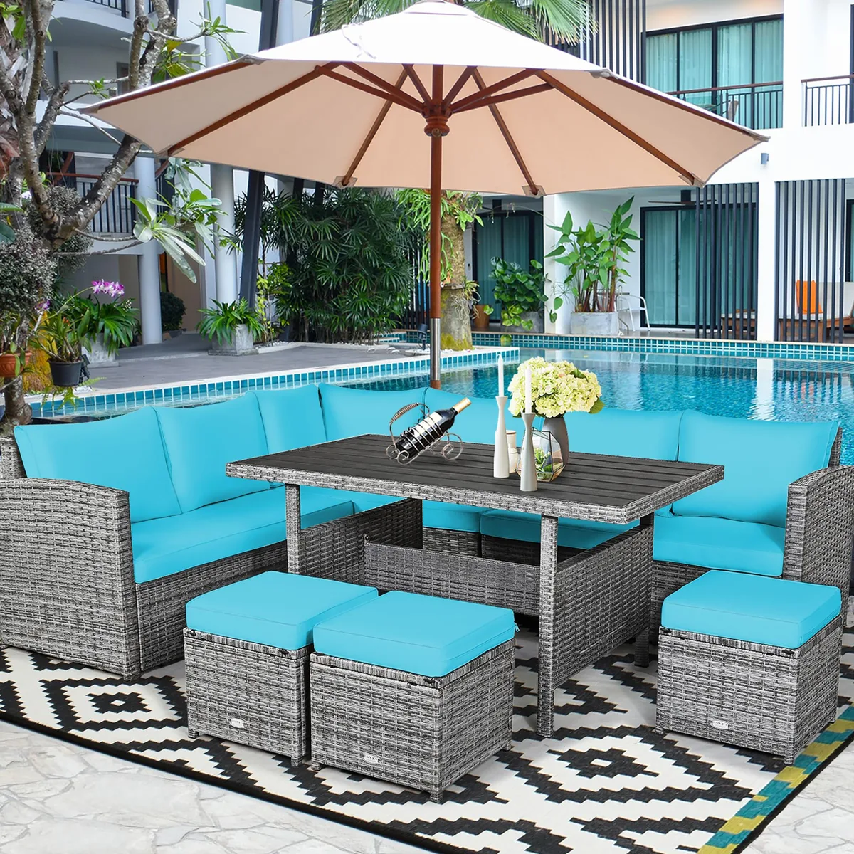 Turquoise rattan 7-piece patio dining set with cushions