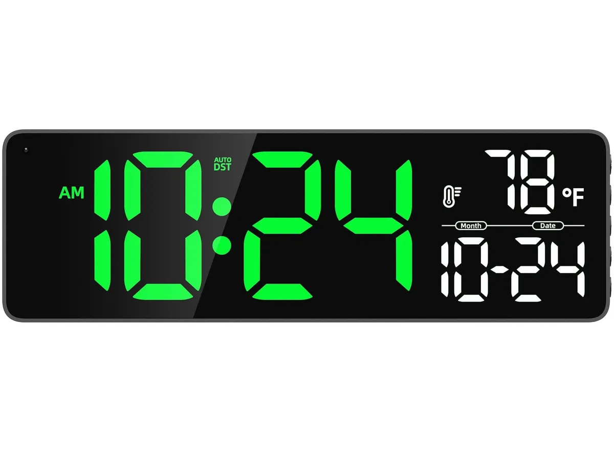 Large green 13-inch LED digital wall clock, slim rectangular shape with glossy finish