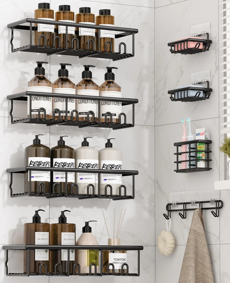 Eight black wire shower caddies with soap dishes, toothbrush holder and hooks, adhesive mounted