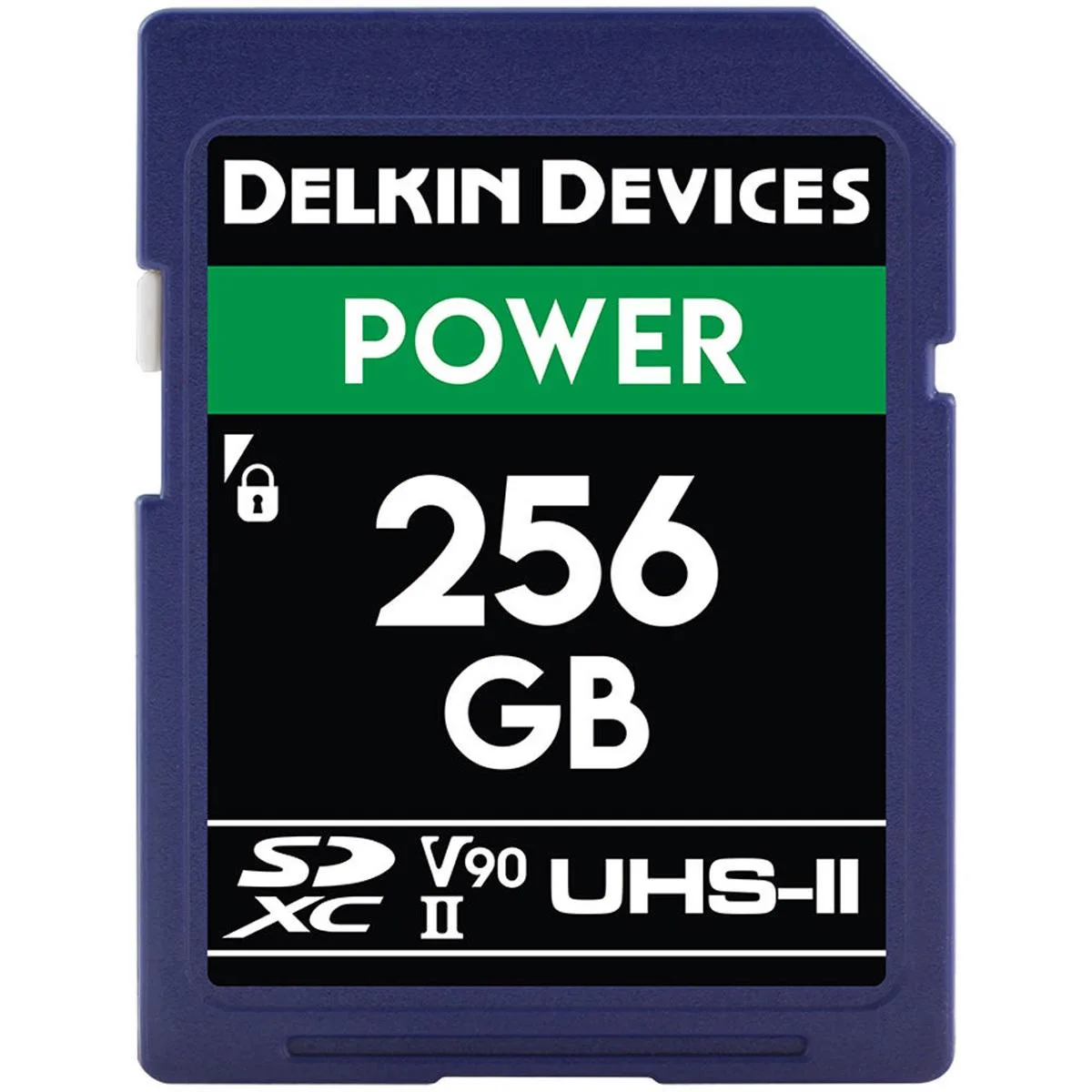 Black SDXC memory card with UHS-II contacts and V90 label