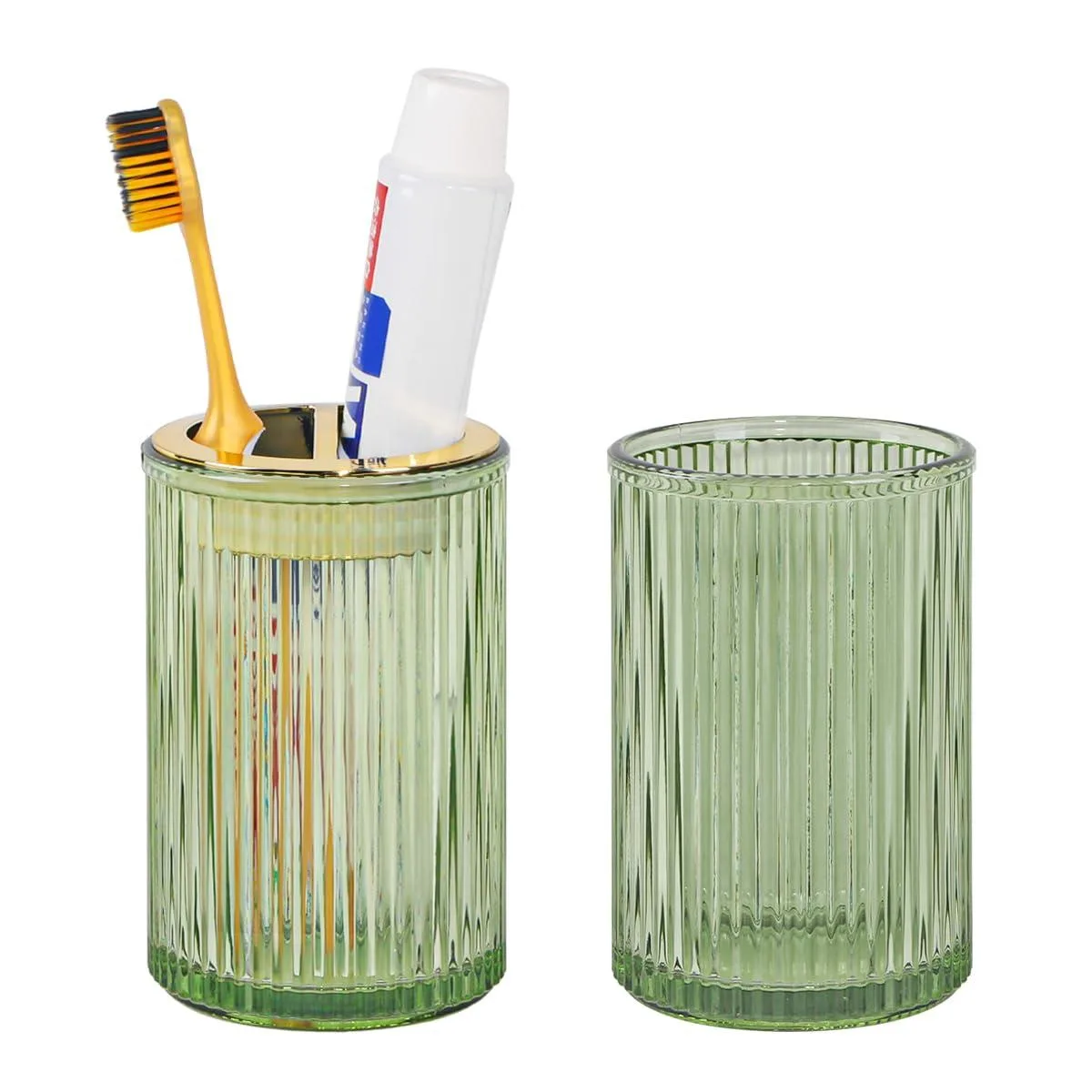 Two green glass tumblers with ribbed texture and gold plastic tops, 3.1 by 4.7 inches