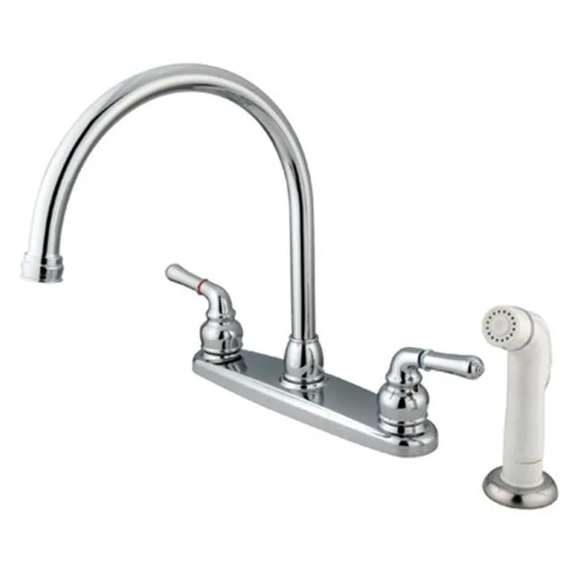 Double-handle gooseneck kitchen faucet in polished chrome with white side sprayer