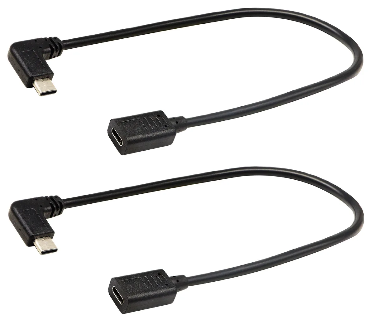Two black USB-C 2.0 cables with 90-degree right and left angled connectors, 30 cm length