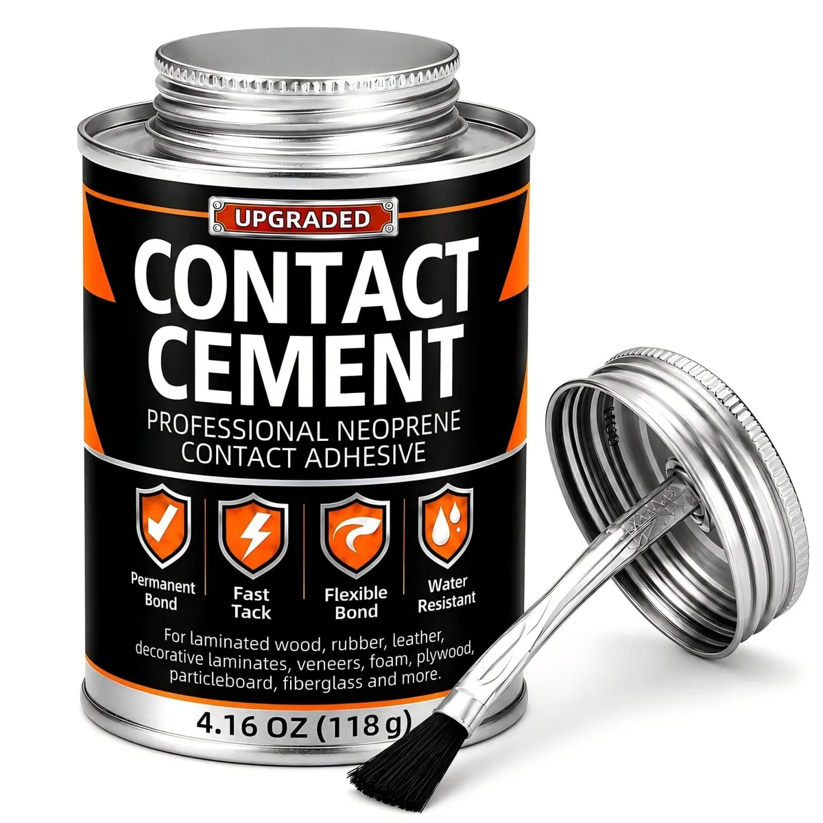 Small metal can with built-in brush cap, 4.16 oz liquid adhesive