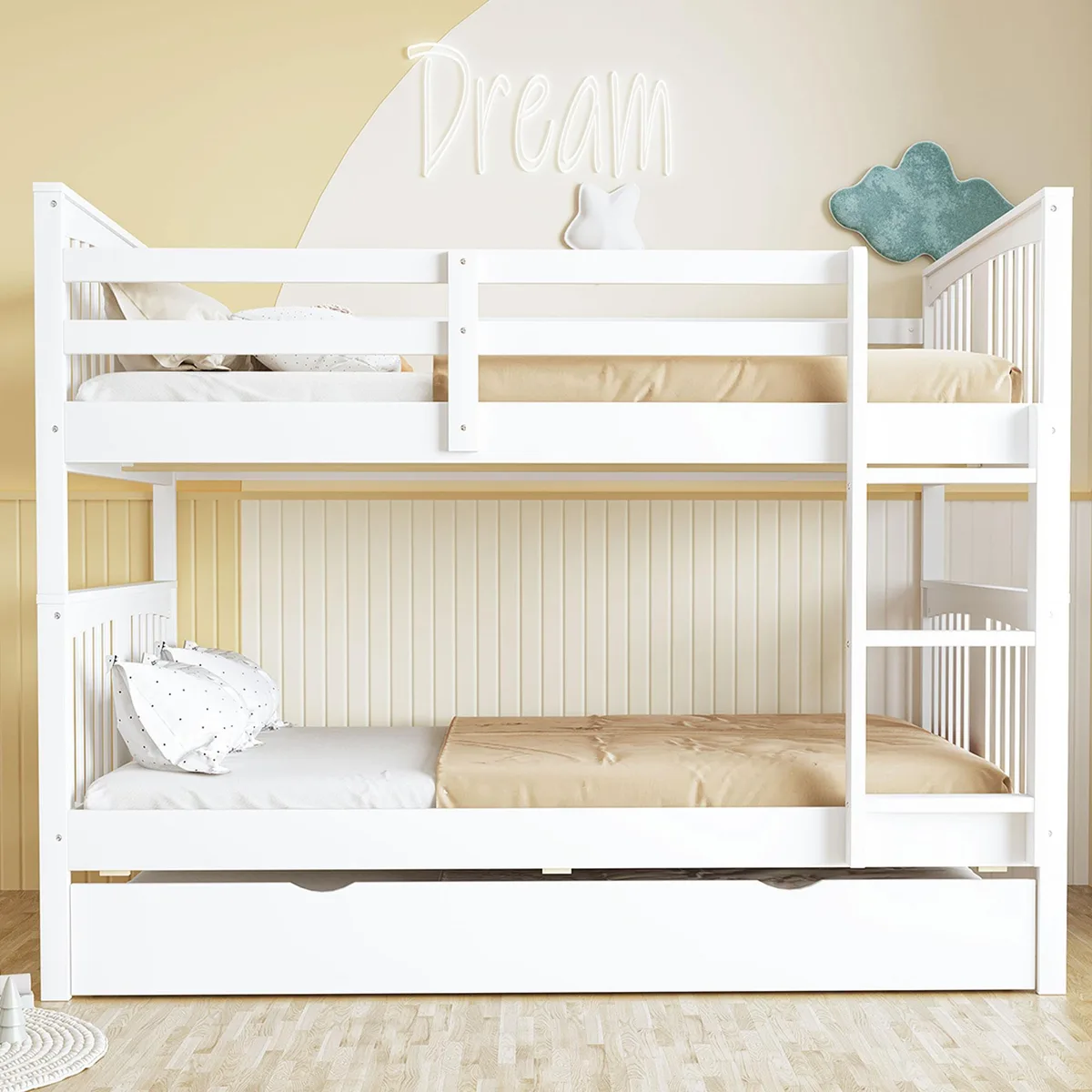 White solid wood full-over-full bunk bed with twin trundle and ladder