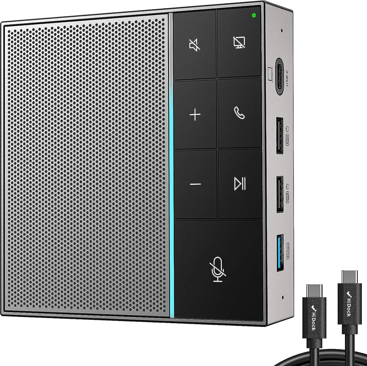 Compact conference speakerphone with mute and project buttons, USB and HDMI ports, matte finish