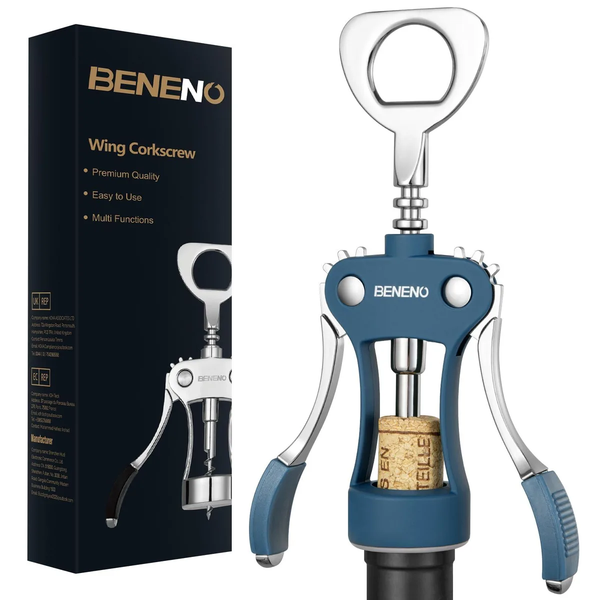 Blue zinc-alloy wing corkscrew with built-in bottle opener