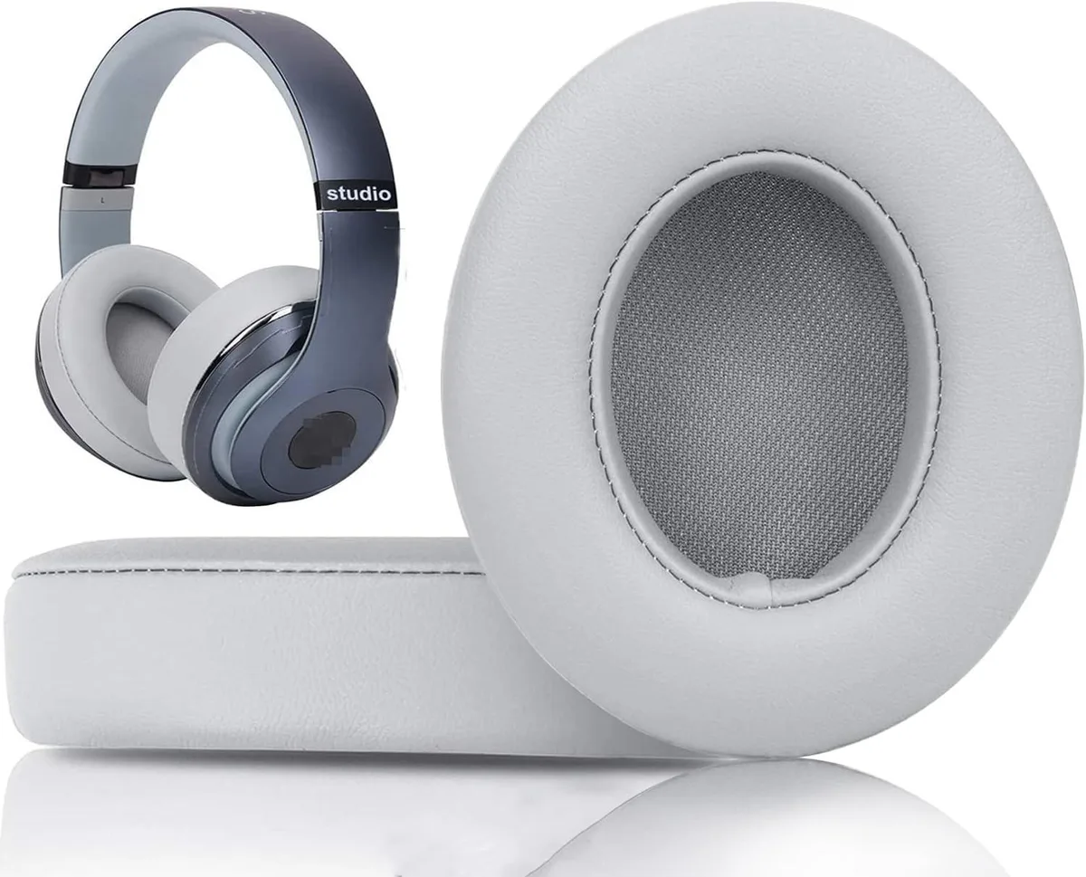 Grey replacement ear pads with protein leather finish and memory foam cushioning