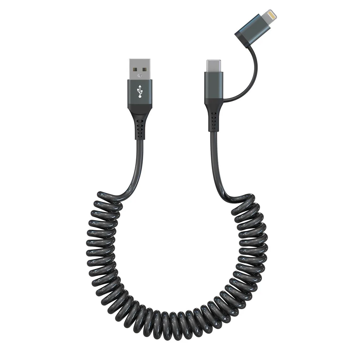  Yeemie USB-PVC2M-BK-C 2-in-1 USB-A to USB-C &amp; Lightning coiled cable 1.5ft/6ft black — product photo