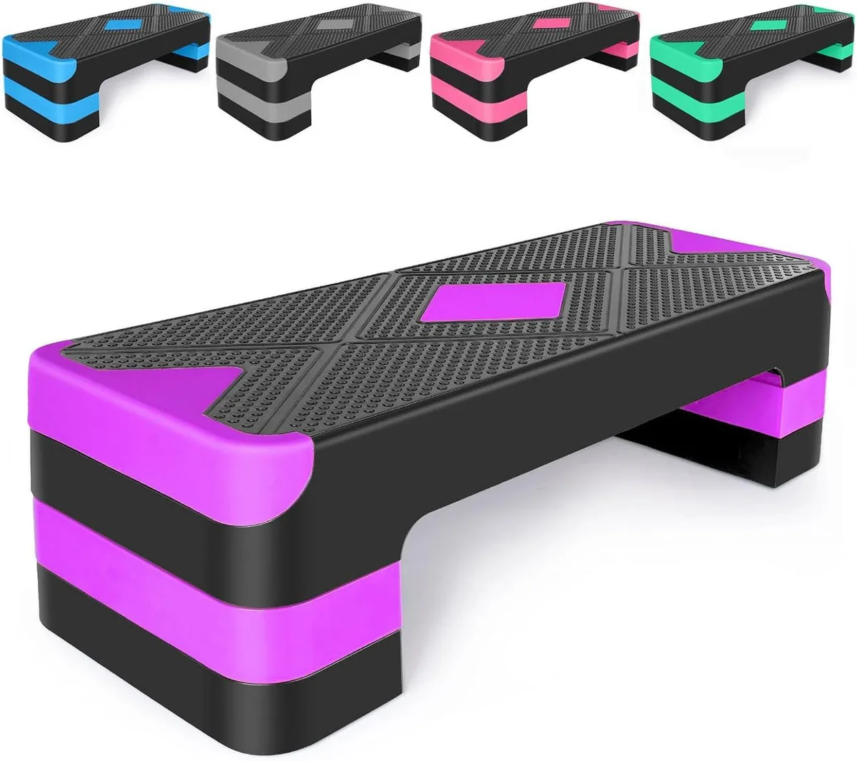 Black rectangular aerobic stepper with three height risers attached to a textured non-slip platform