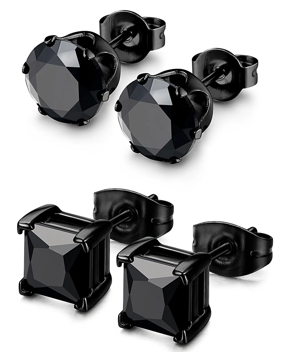 Two pairs of black stainless steel stud earrings, one square and one round, each 6mm with clear cubic zirconia