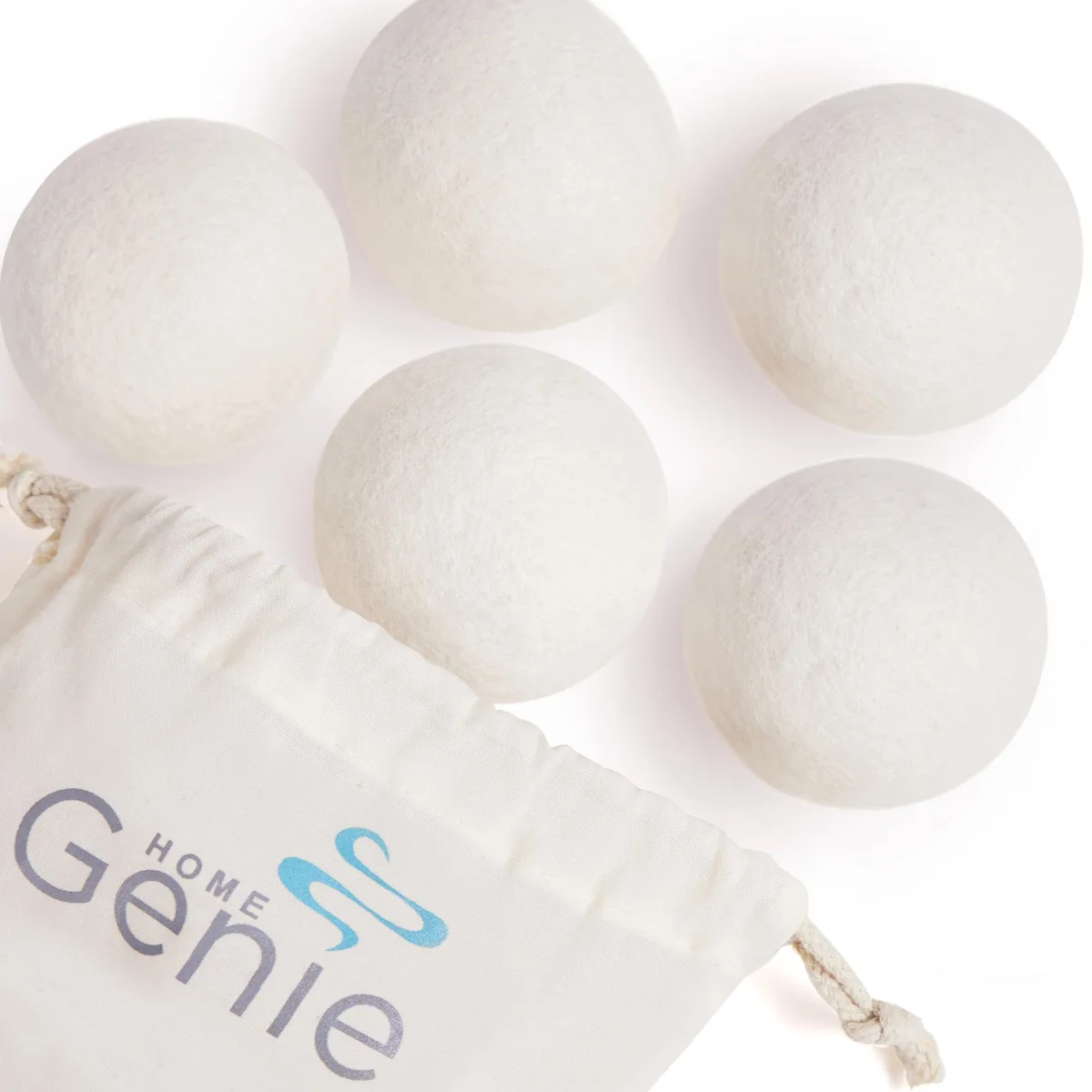 Five white wool dryer balls in a storage bag