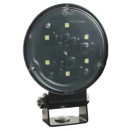 Round LED flood light with clear lens and black housing, bracket mount