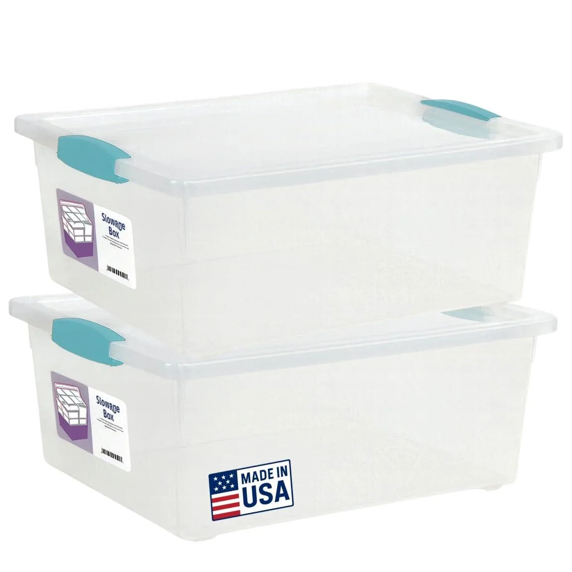 Two clear rectangular bins with teal latches, stacked, 14 by 11 by 6 inches