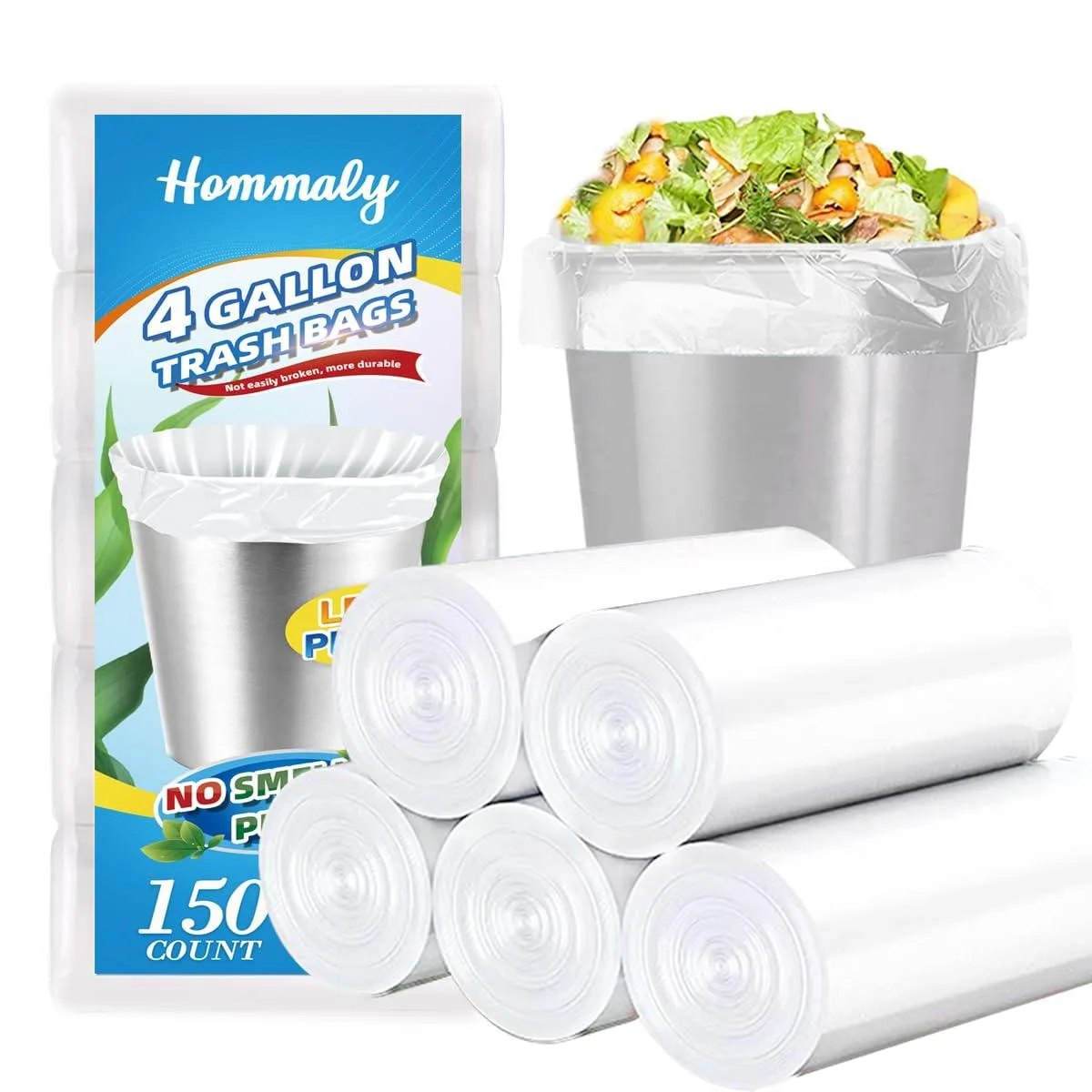 A pack of 150 clear polyethylene trash bags on five rolls