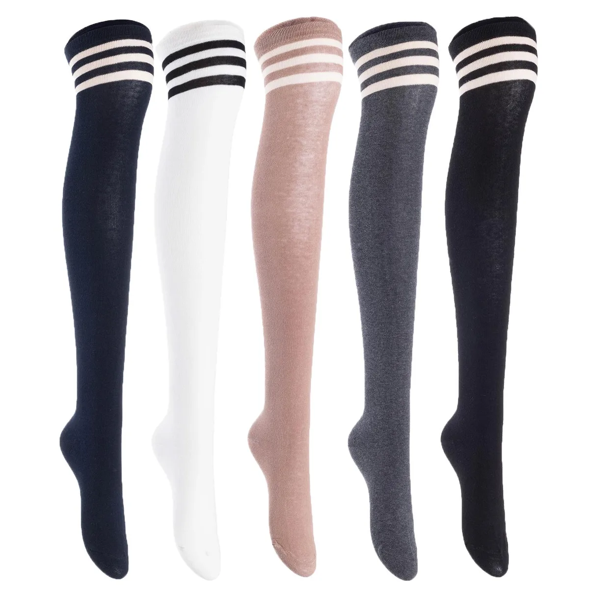 Five pairs of thigh-high cotton socks in black, coffee, dark green, khaki and navy