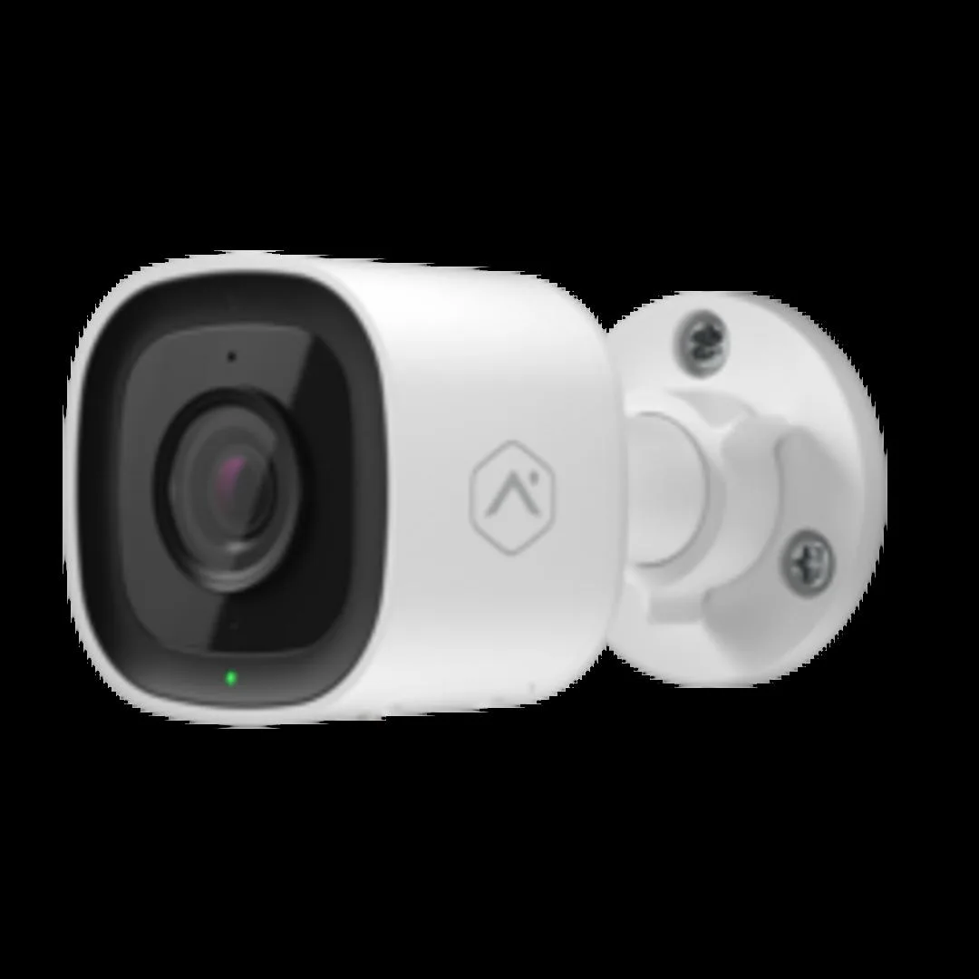 White rectangular outdoor security camera with front lens and speaker grille