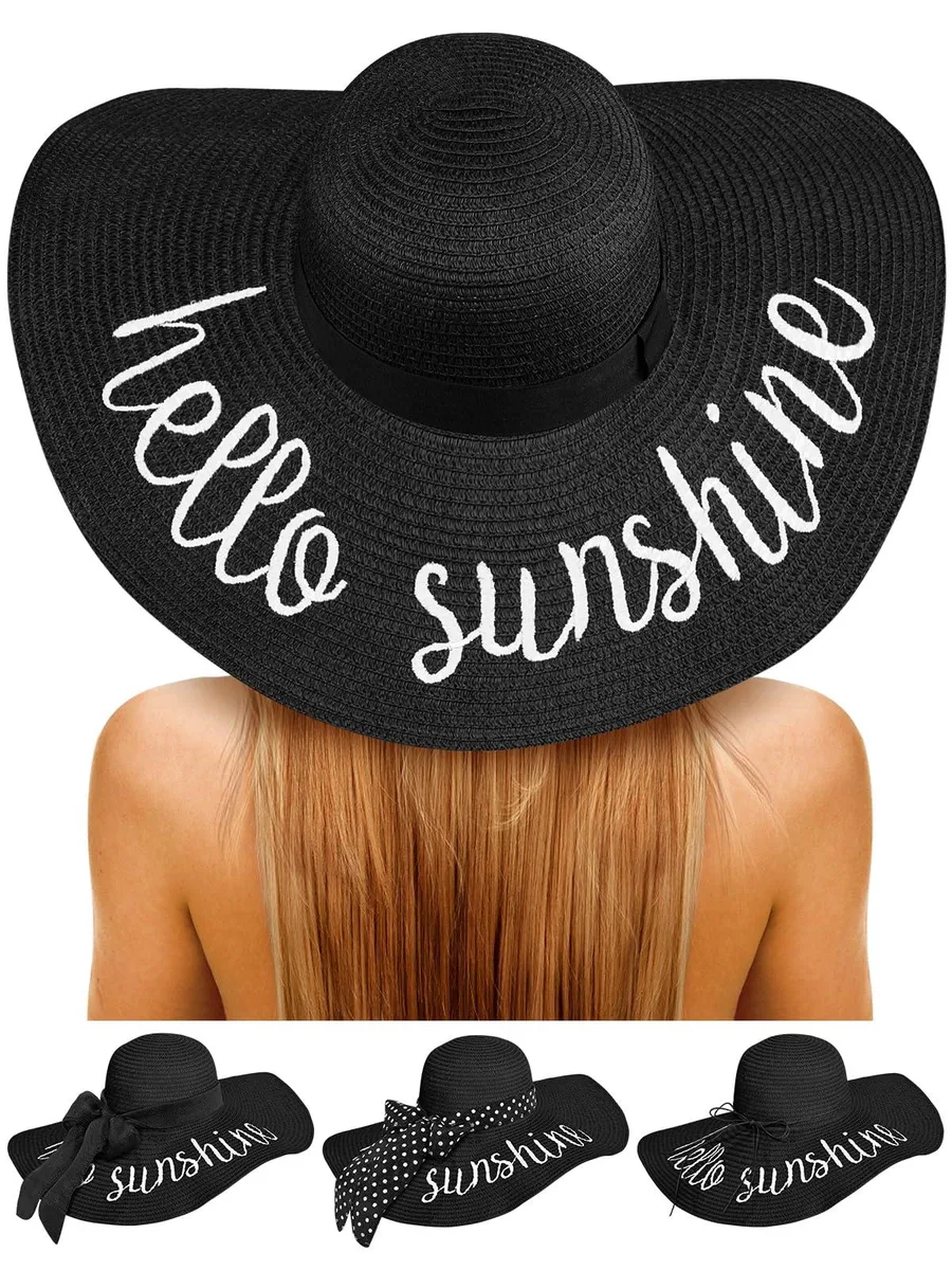  Floppy Straw Sun Hat Embroidered Wide Brim Black 5.91" Brim — product photo