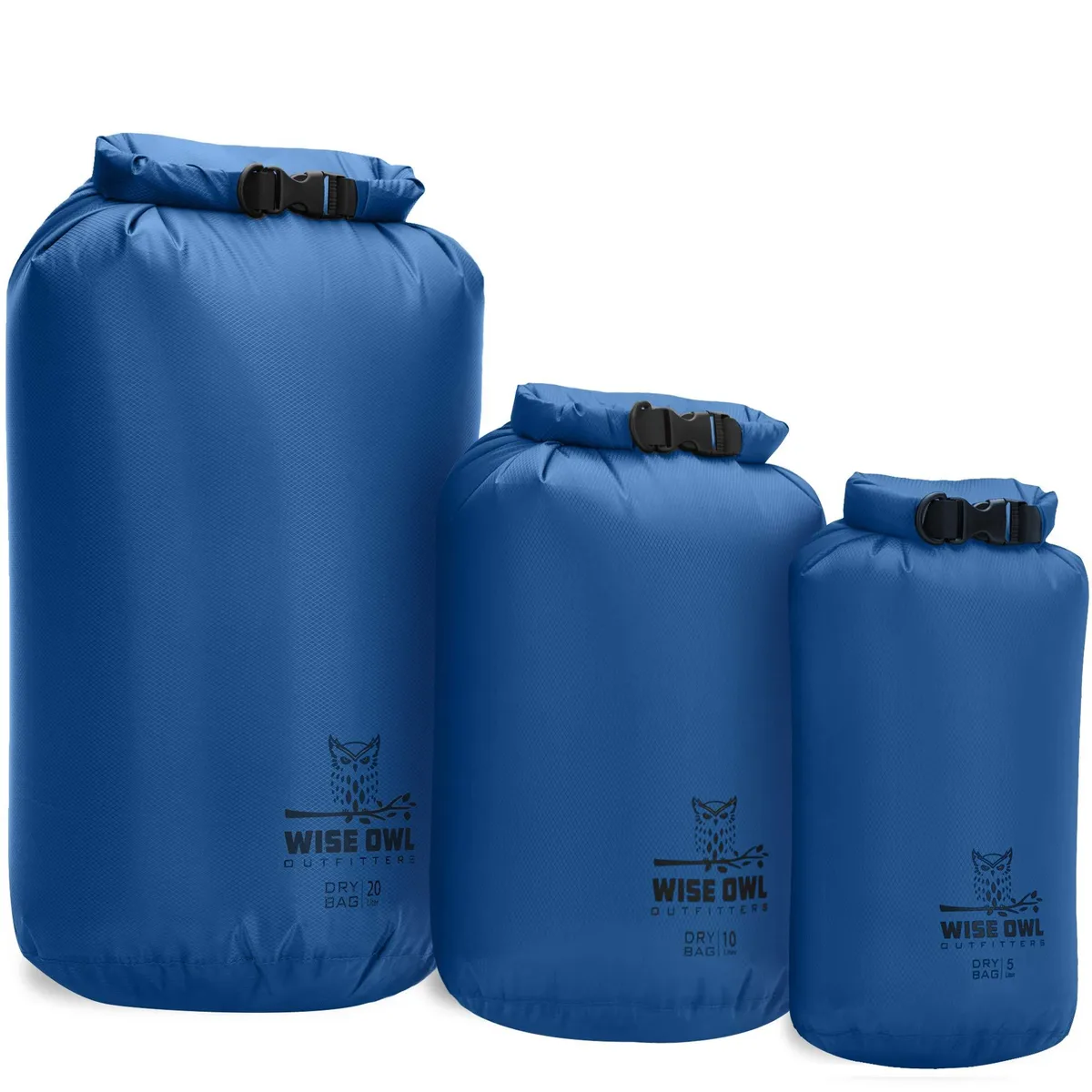 Three blue roll-top dry bags in 5L 10L and 20L sizes