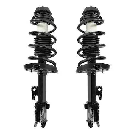 Two silver front strut assemblies with coil springs and top mounts side by side